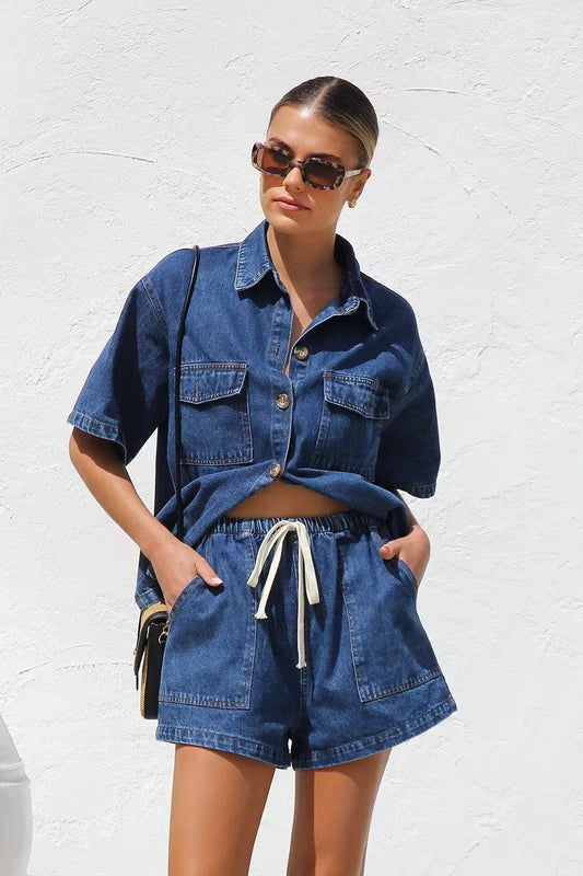 Casual loose pocket short sleeved shirt shorts set E184