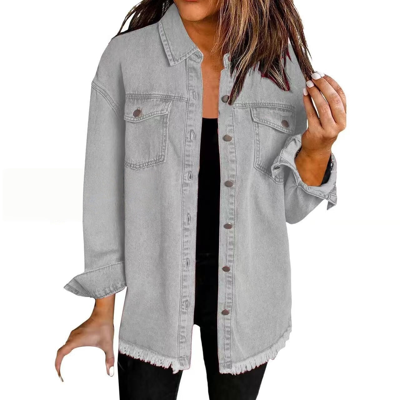 T588-610 - Button-up Frayed Hem Jacket-GYYF