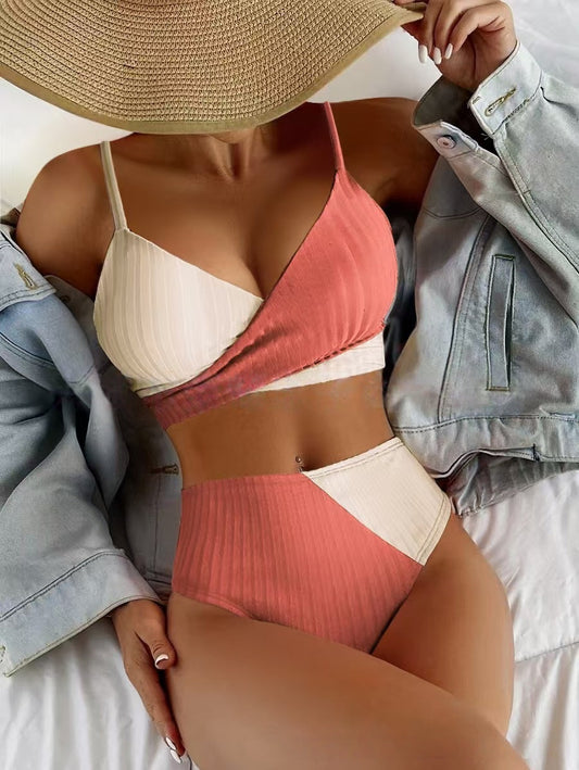 T588-1236 Double color cross thin shoulder strap split swimsuit