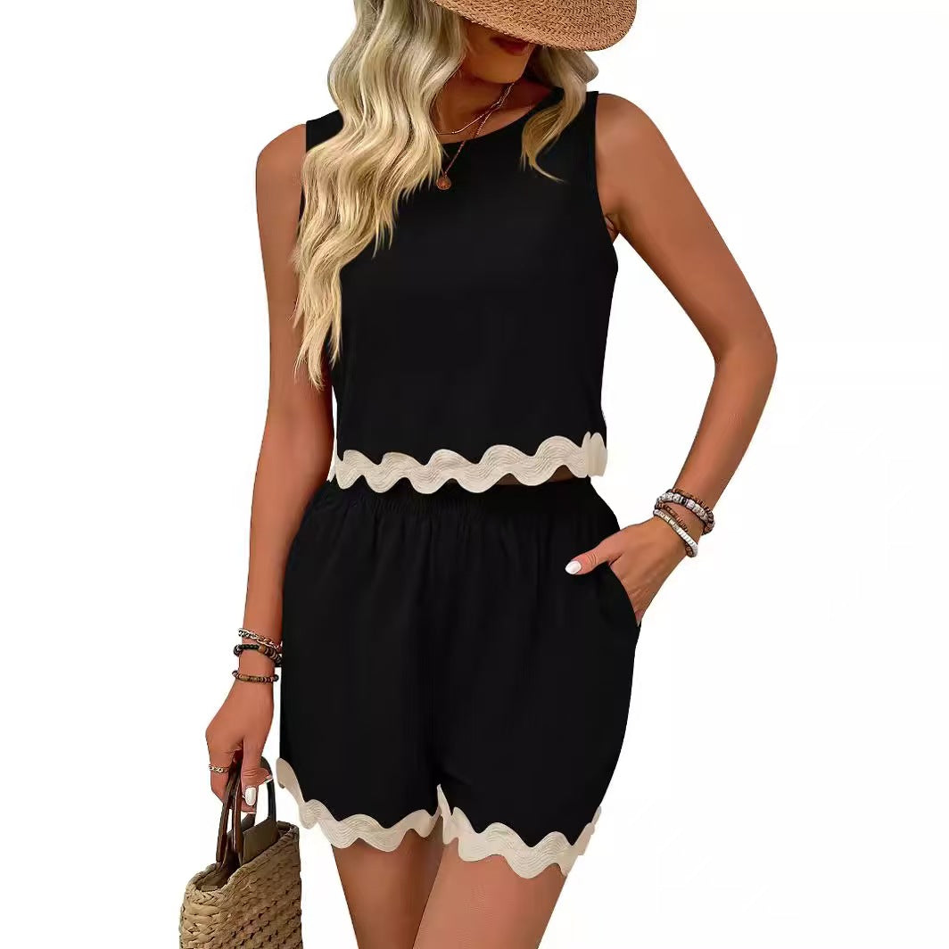 T588-1244  Lace round neck vest set, short sleeved top, short sleeved