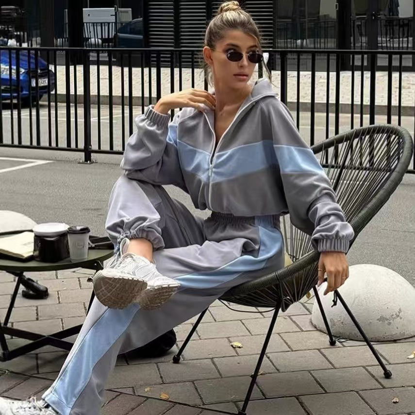 T588-748 -Casual waist cinched cardigan sweatshirt patchwork set