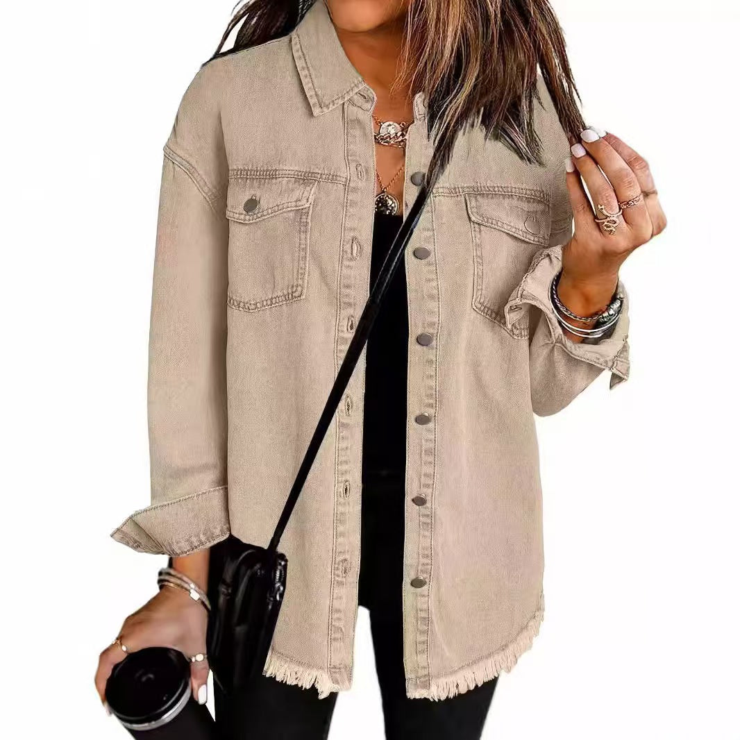 T588-610 - Button-up Frayed Hem Jacket-GYYF