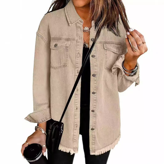 T588-610 - Button-up Frayed Hem Jacket-GYYF