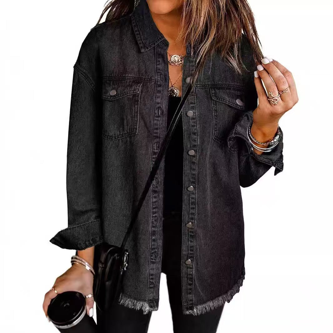 T588-610 - Button-up Frayed Hem Jacket-GYYF