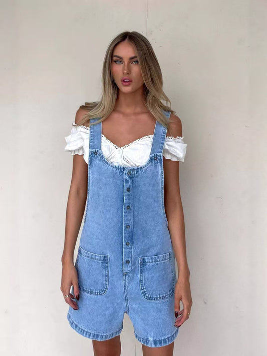 T588-1098  Cowboy overalls slim fit straight leg jumpsuit shorts