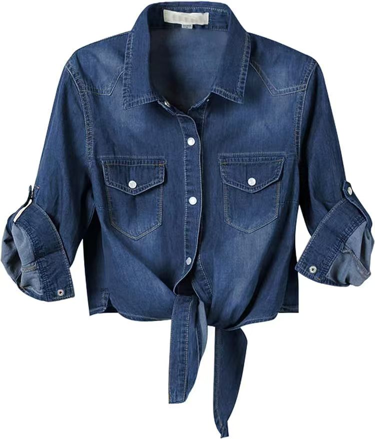 T588-1124 Tie up knot, mid sleeve shawl, women's jacket, denim
