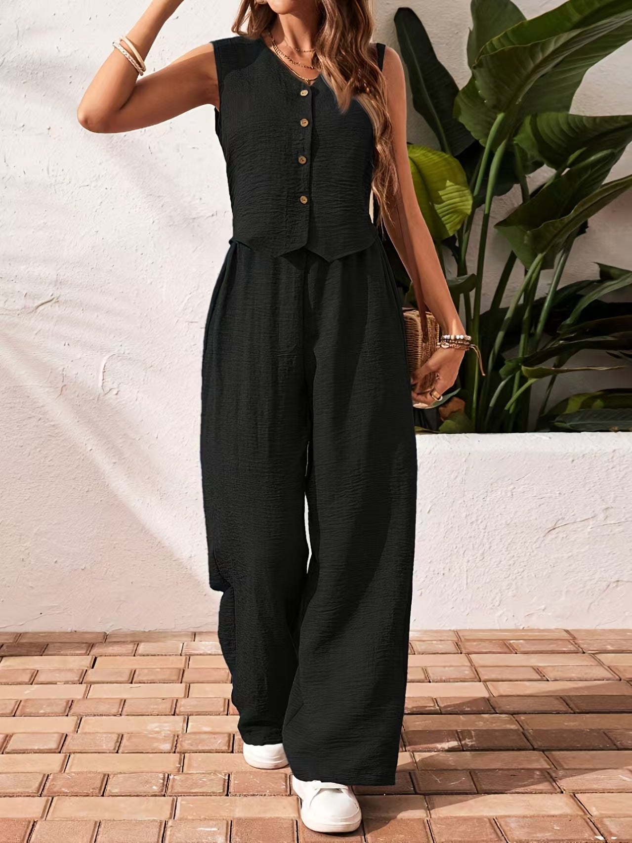 Unlimited button vest wide leg set casual solid color E1280