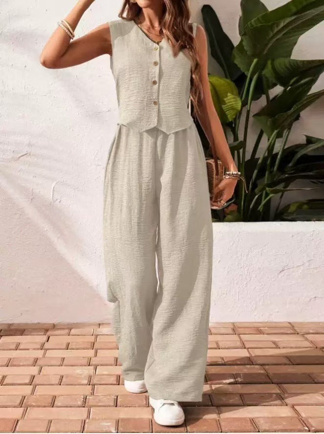 Unlimited button vest wide leg set casual solid color E1280