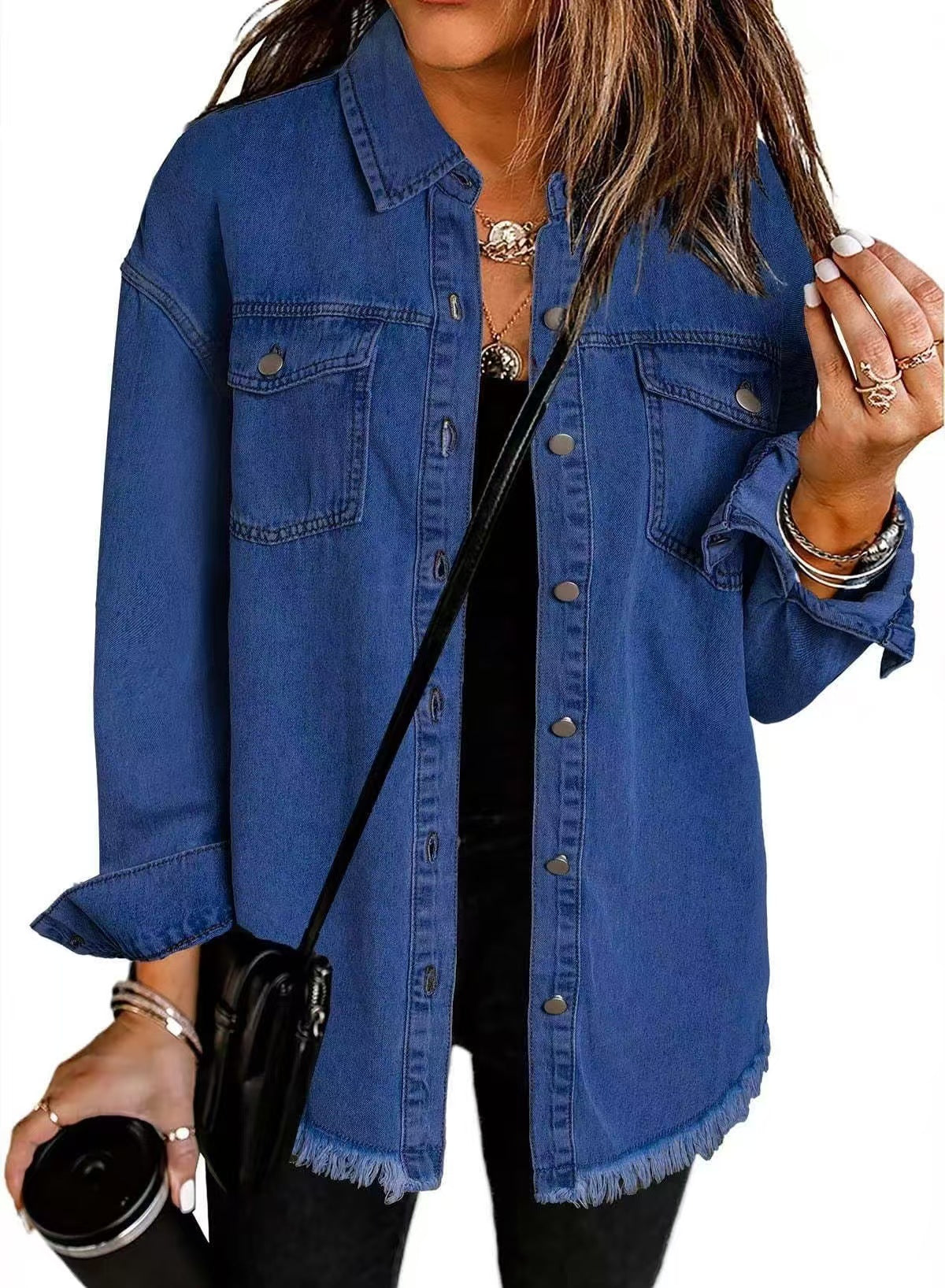 T588-610 - Button-up Frayed Hem Jacket-GYYF