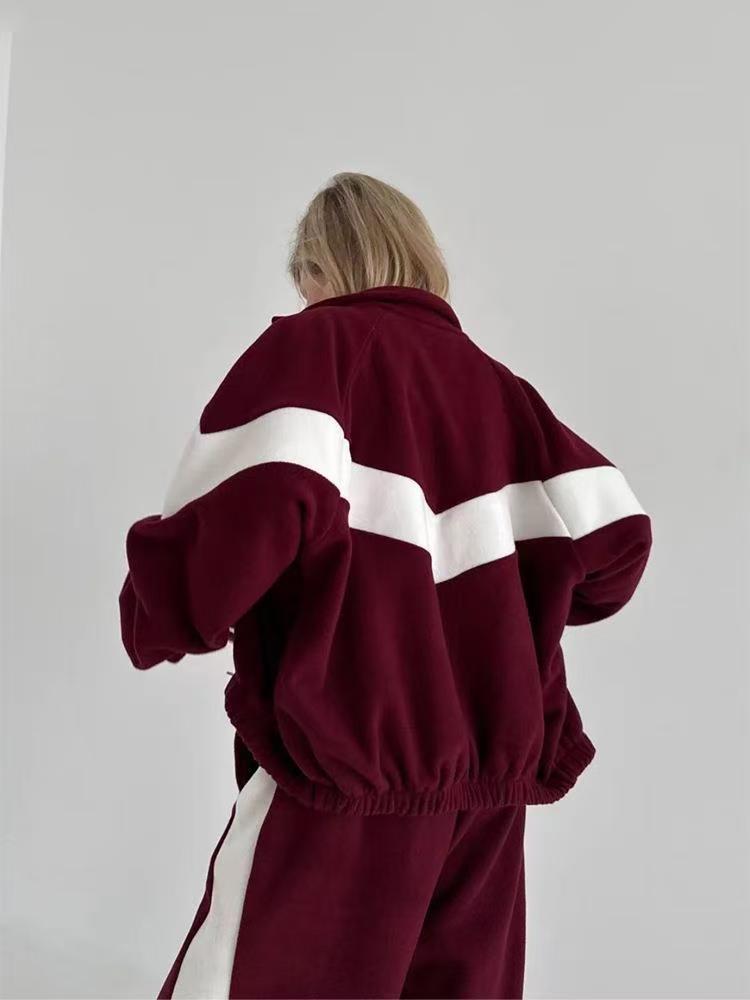 T588-748 -Casual waist cinched cardigan sweatshirt patchwork set