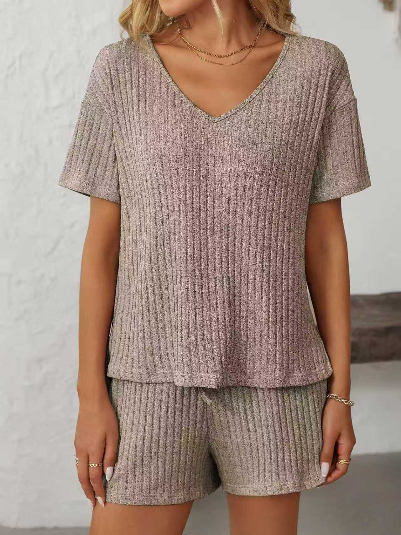 T588-913 Women's Summer Solid Color Short Sleeve Set