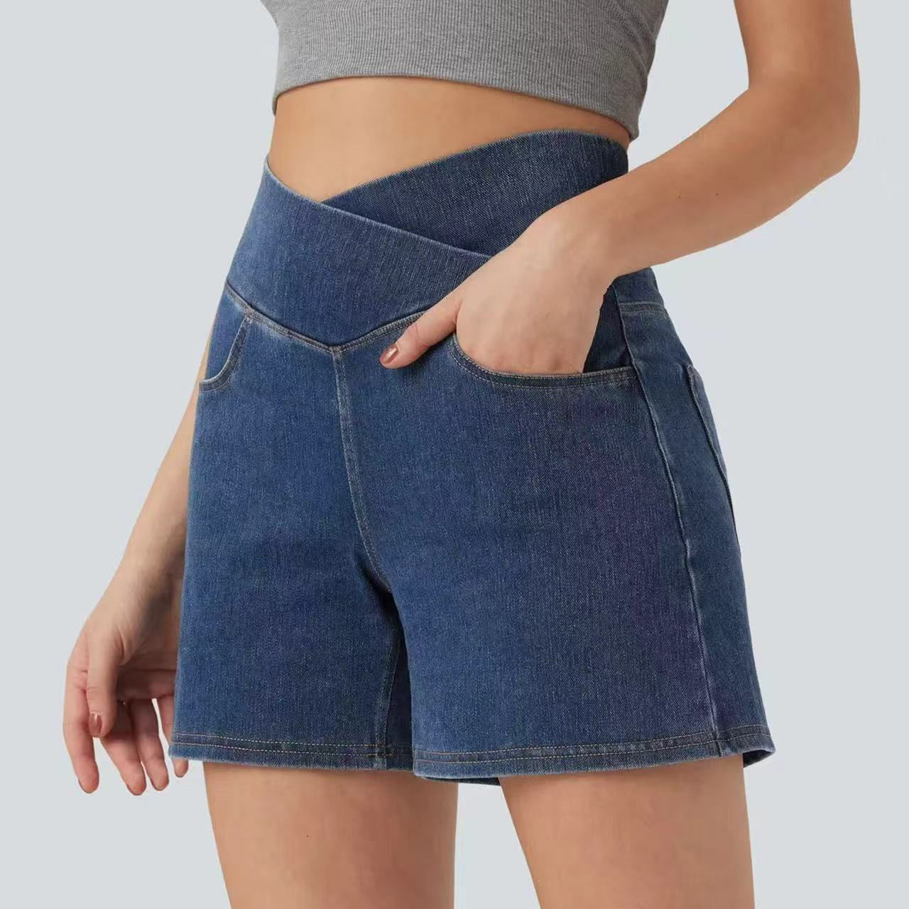 T588-1093 Cross high waisted denim shorts, casual cycling pants