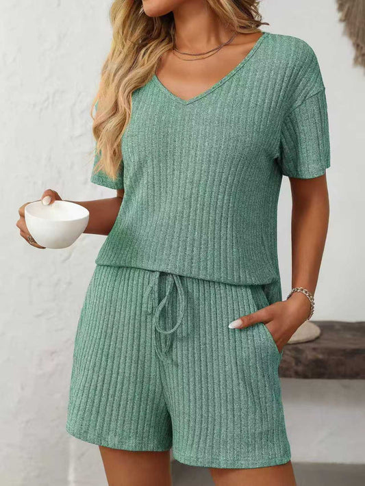 T588-913 Women's Summer Solid Color Short Sleeve Set