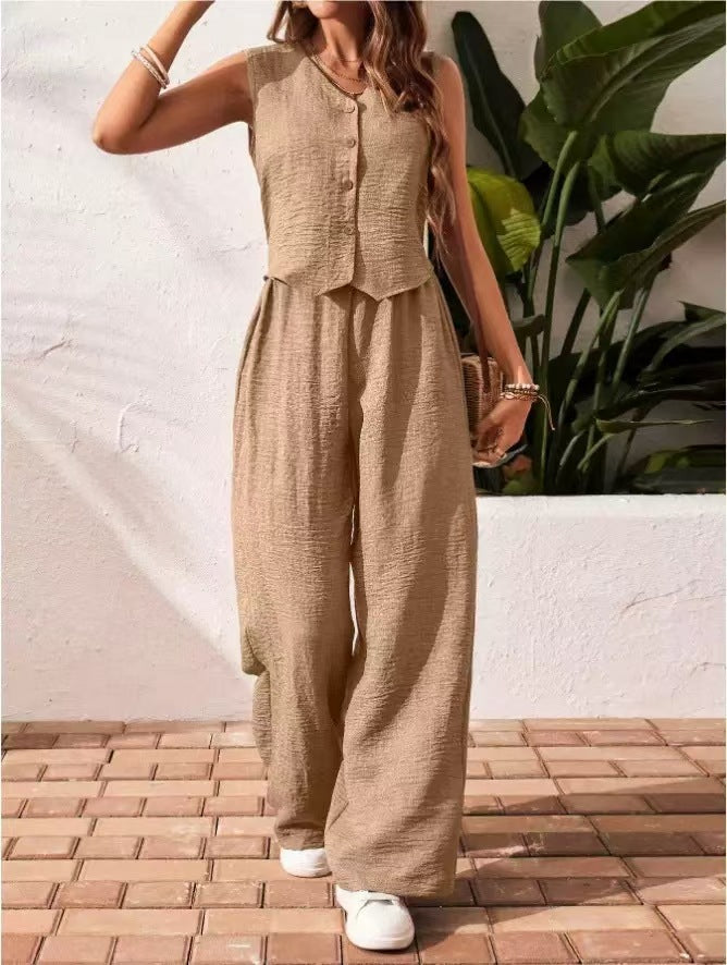 Unlimited button vest wide leg set casual solid color E1280